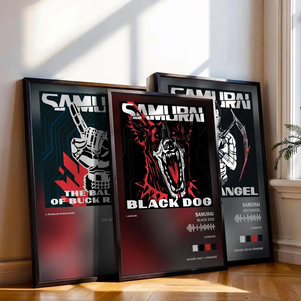 affiche moderne samouraï cyberpunk noir rouge blanche gris graphique abstraite deco mur chambre