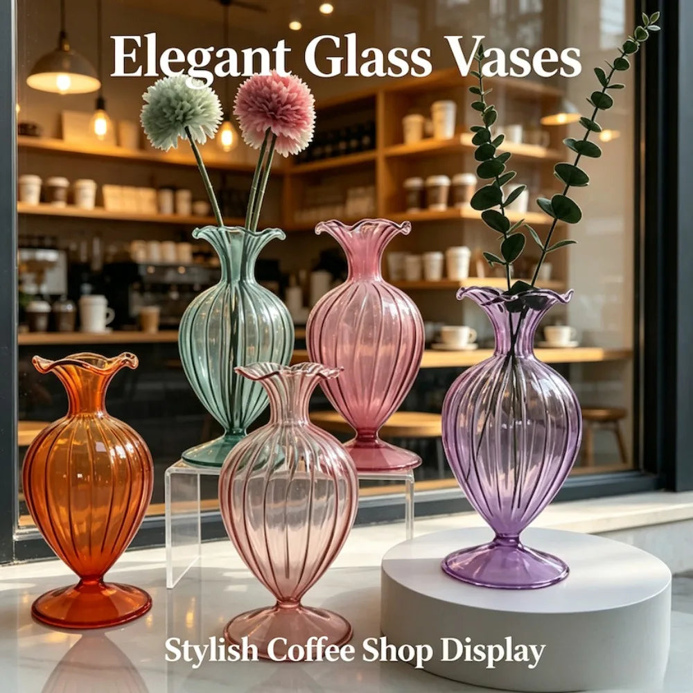 vases verre opalescents rayures verticales classiques couleurs vert rose orange violet rouge