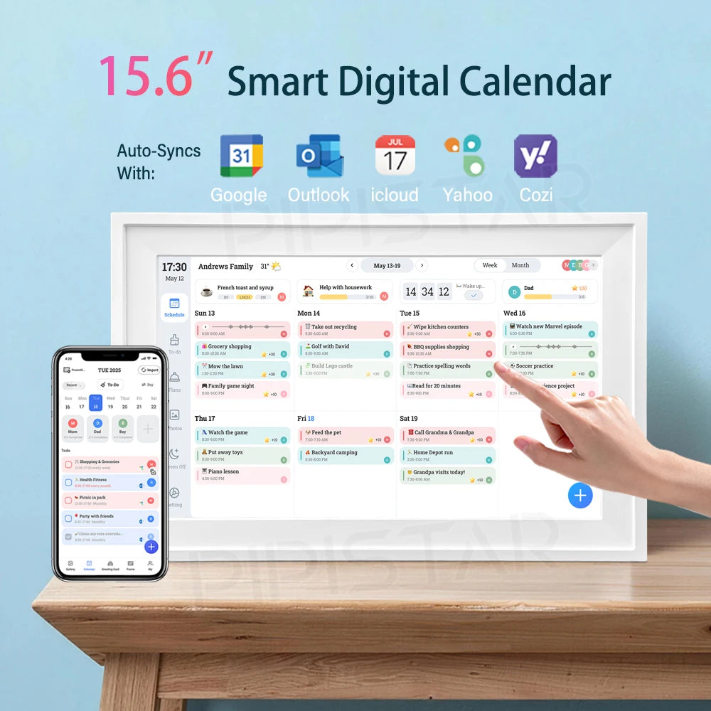 calendrier numérique intelligent blanc cadre carbone moderne auto synchronisation google photos wifi