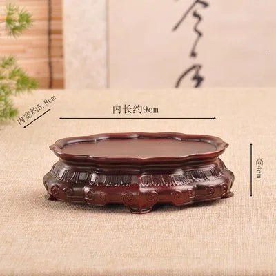 support décoratif bois gravures classique vase pot fleur tasse thé rouge foncé