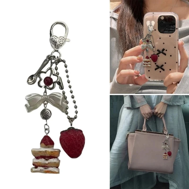porte clés femme argent rouge blanc motif fraise sandwich cœur mignon retour école