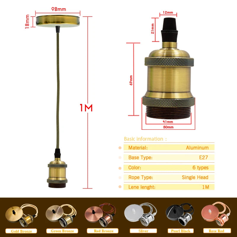 lampe suspendue rétro or bronze vert argent rouge noir e27 métal brillant texture brossée