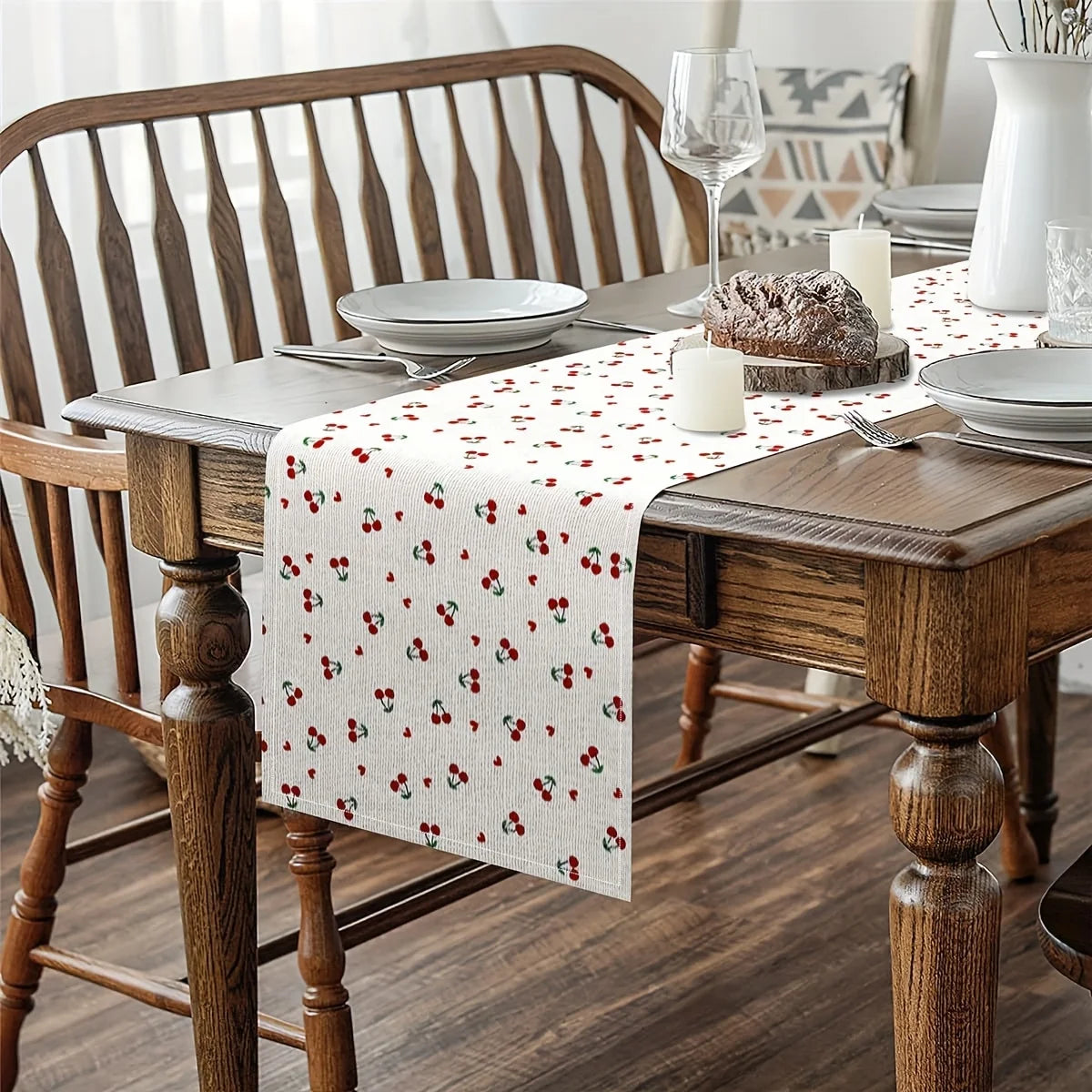 tableau table rectangulaire tissage motifs fruits cerises plantes blanc rouge vert décoration printemps été