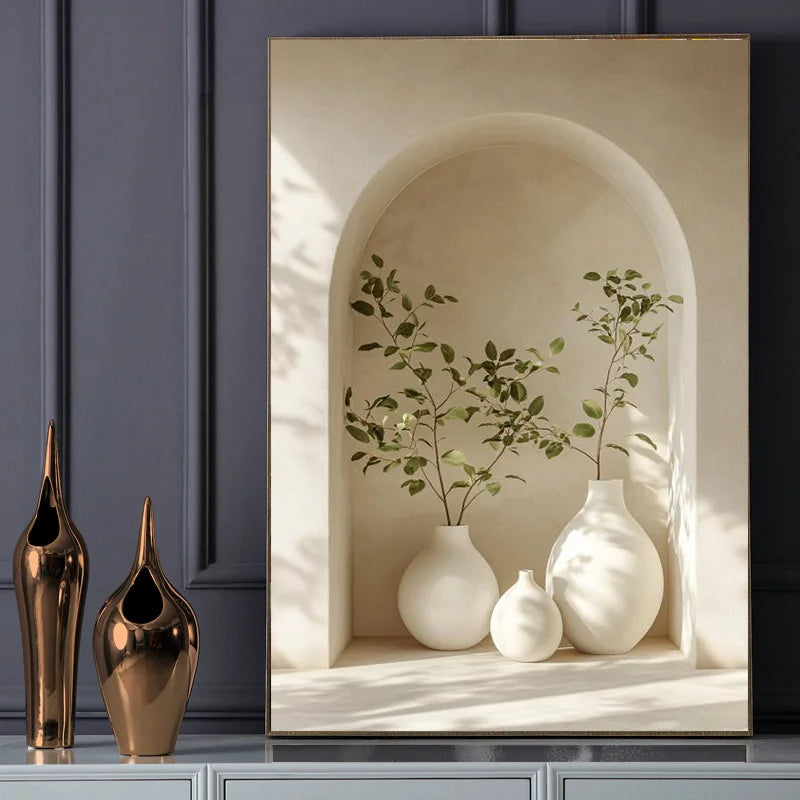 décoration murale moderne impression toile abstraite plante arche vases ceramique minimaliste