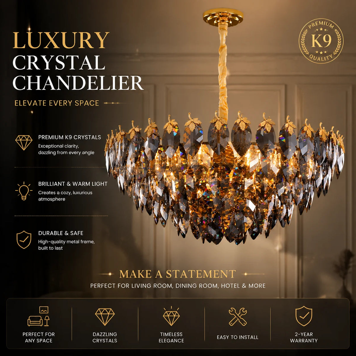 lustre cristal doré facettes brillantes élégant salon chambre moderne suspension transparent