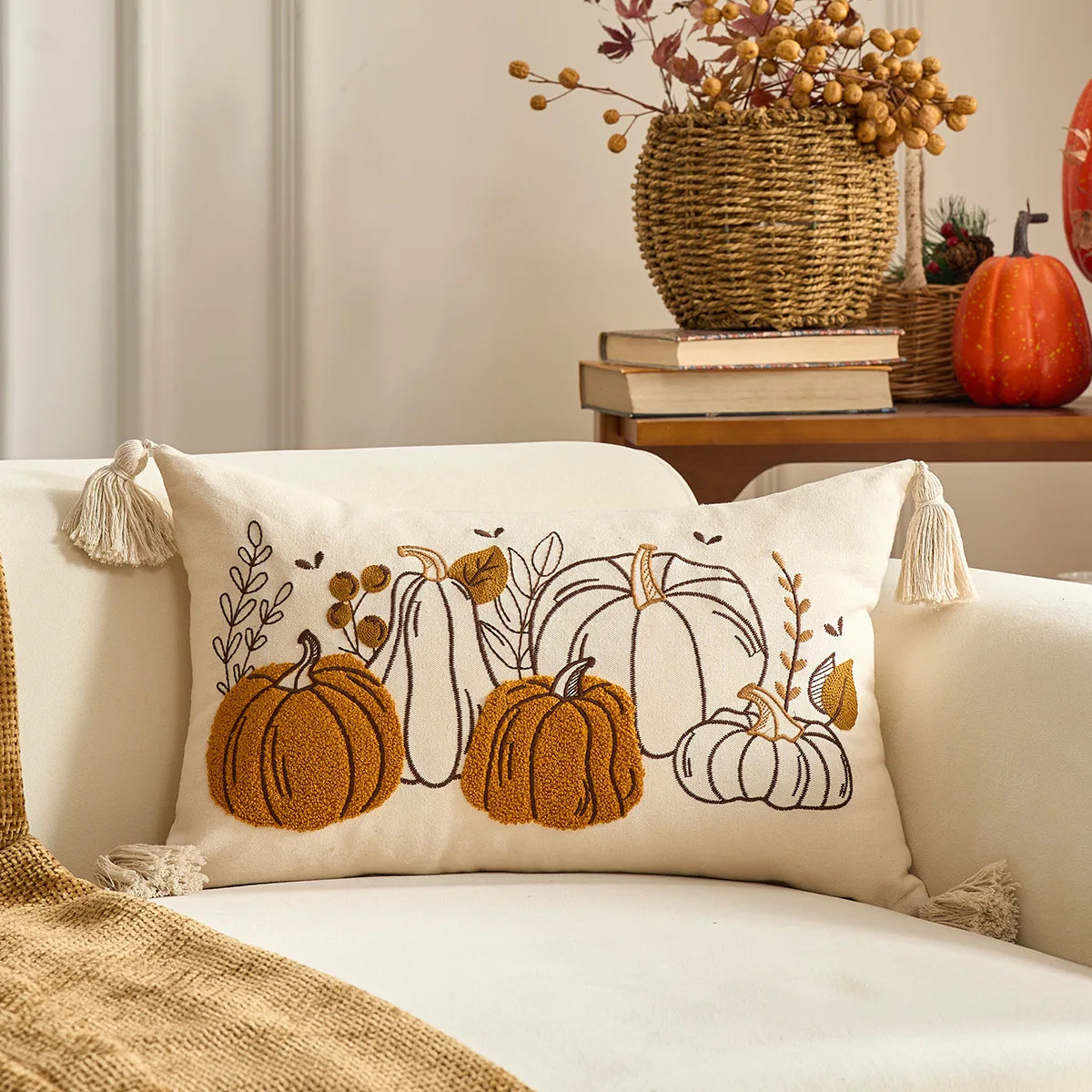 citrouilles feuilles d'automne coussin polyester 45x45cm rustique halloween thanksgiving decoration chambre