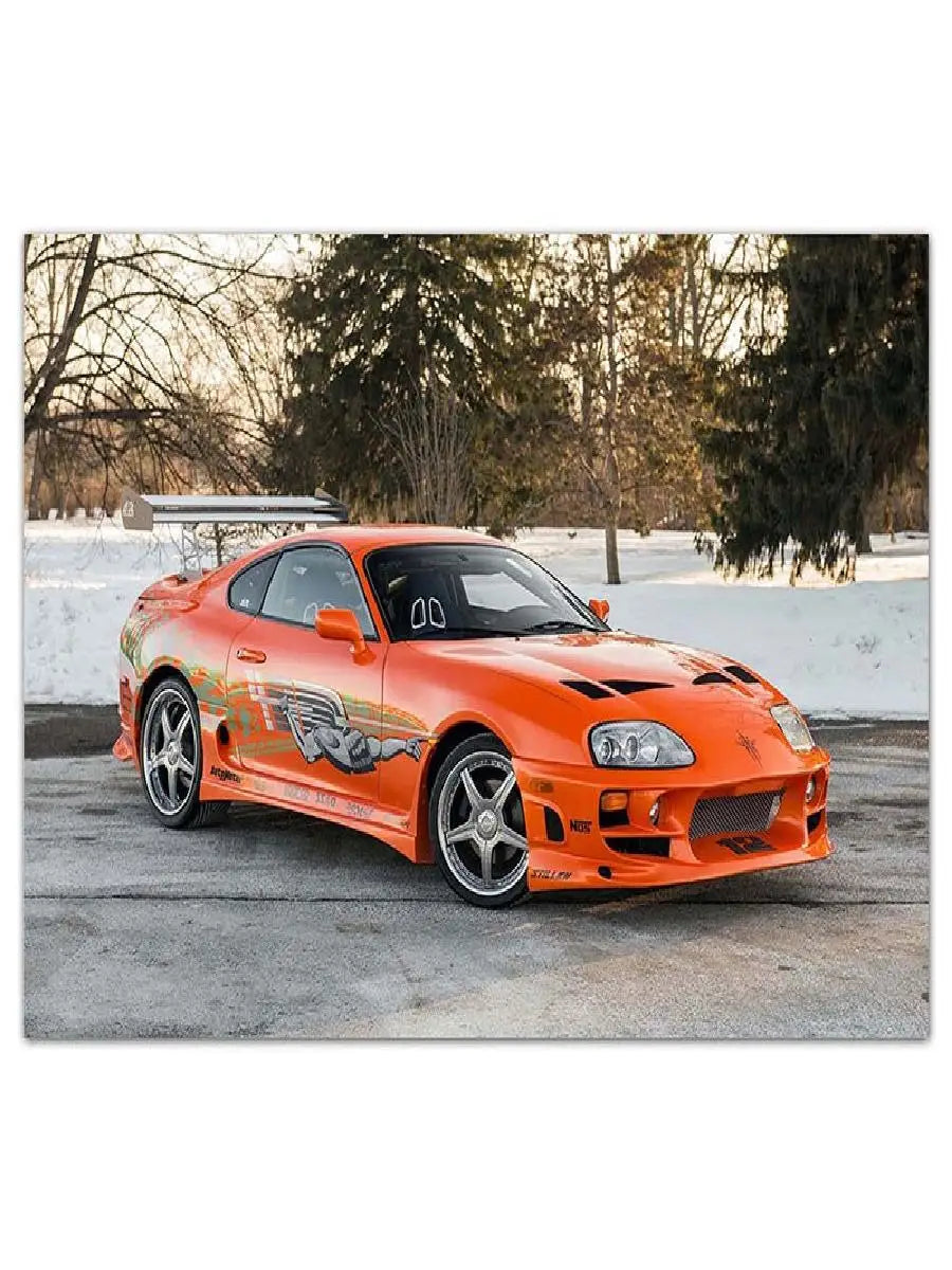 peinture toile voiture sportive orange rayures noires blanches moderne salon