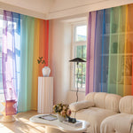 rideau moderne rayures arc ciel transparent polyester bleu vert jaune rouge violet élastique salon