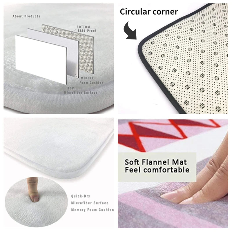 Cette image présente les caractéristiques d'un tapis de sol confortable et durable, avec des détails sur sa construction en mousse à mémoire de forme, sa surface microfibre et son design à coins arrondis.