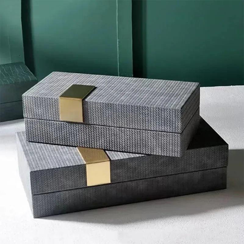 boîtes bijoux cuir gris vert moderne élégantes plaque dorée rangement cosmétiques pots rangement
