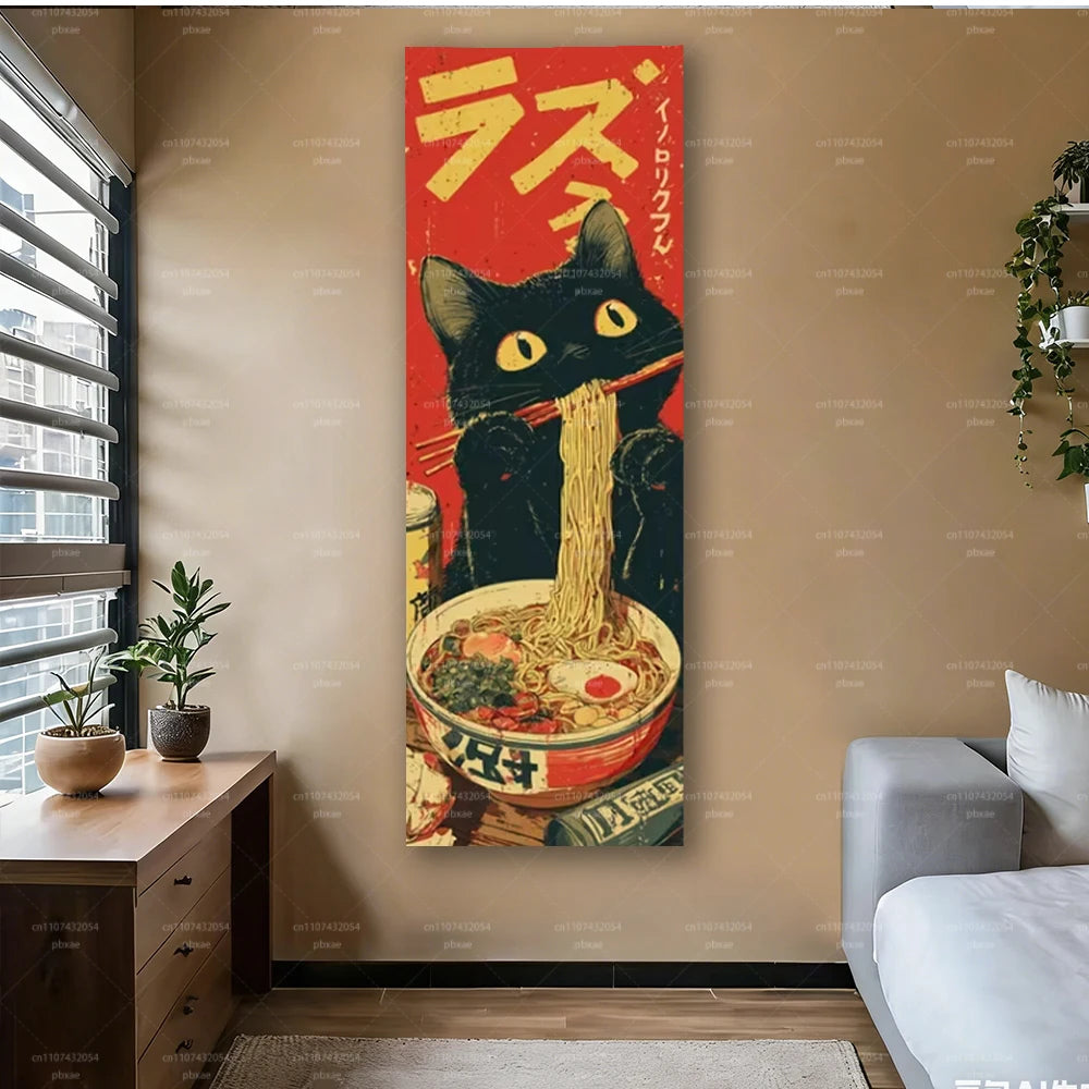 affiche murale vintage chat noir nouilles rouge jaune pop art 150cm 40cm