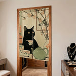 rideau porte chat noir dessin animé japonais fleurs roses opacité classique intérieur maison