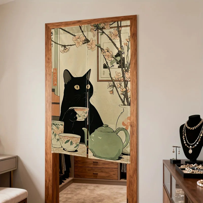 rideau porte chat noir dessin animé japonais fleurs roses opacité classique intérieur maison