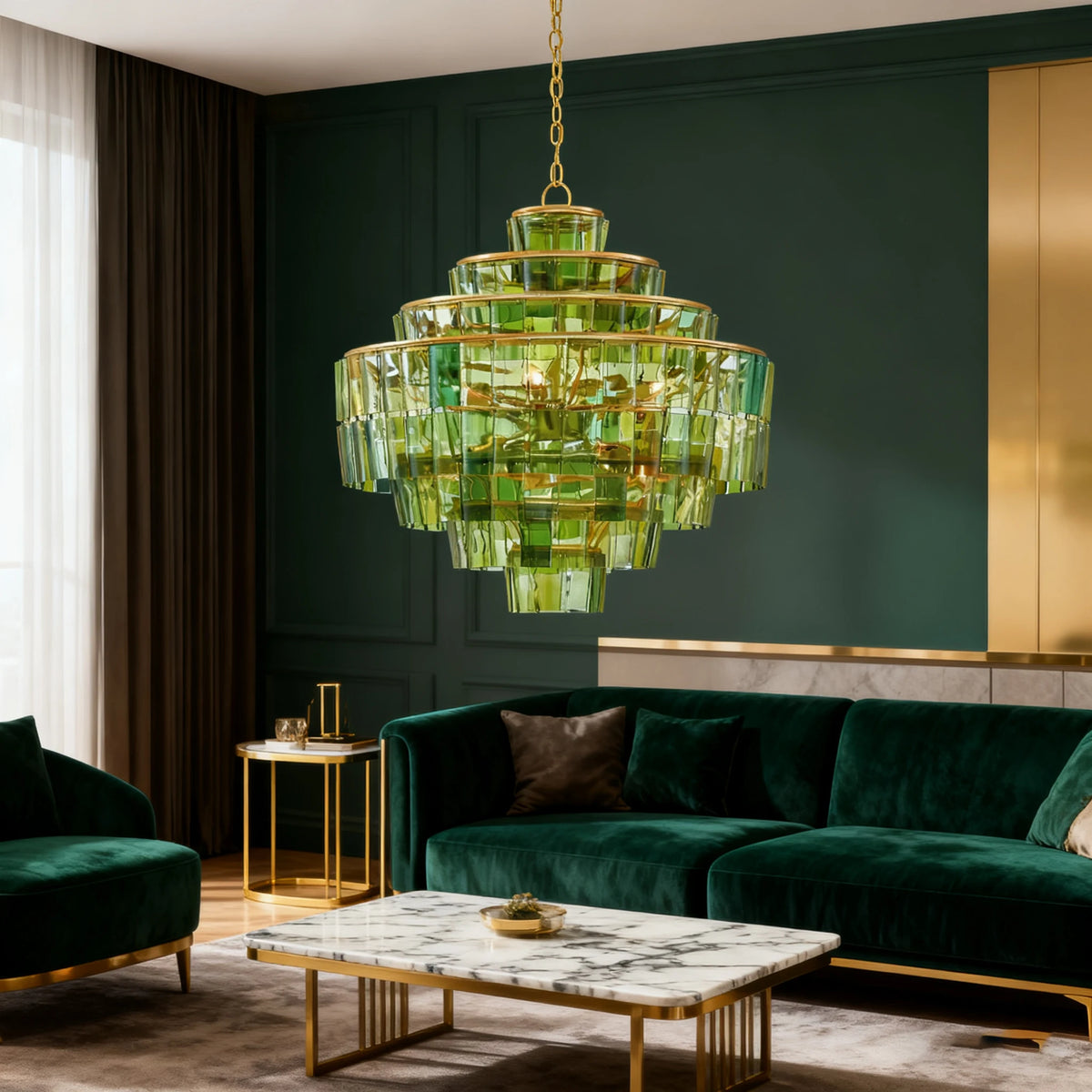 lustre moderne géométrique vert doré blanc transparent chambre salon