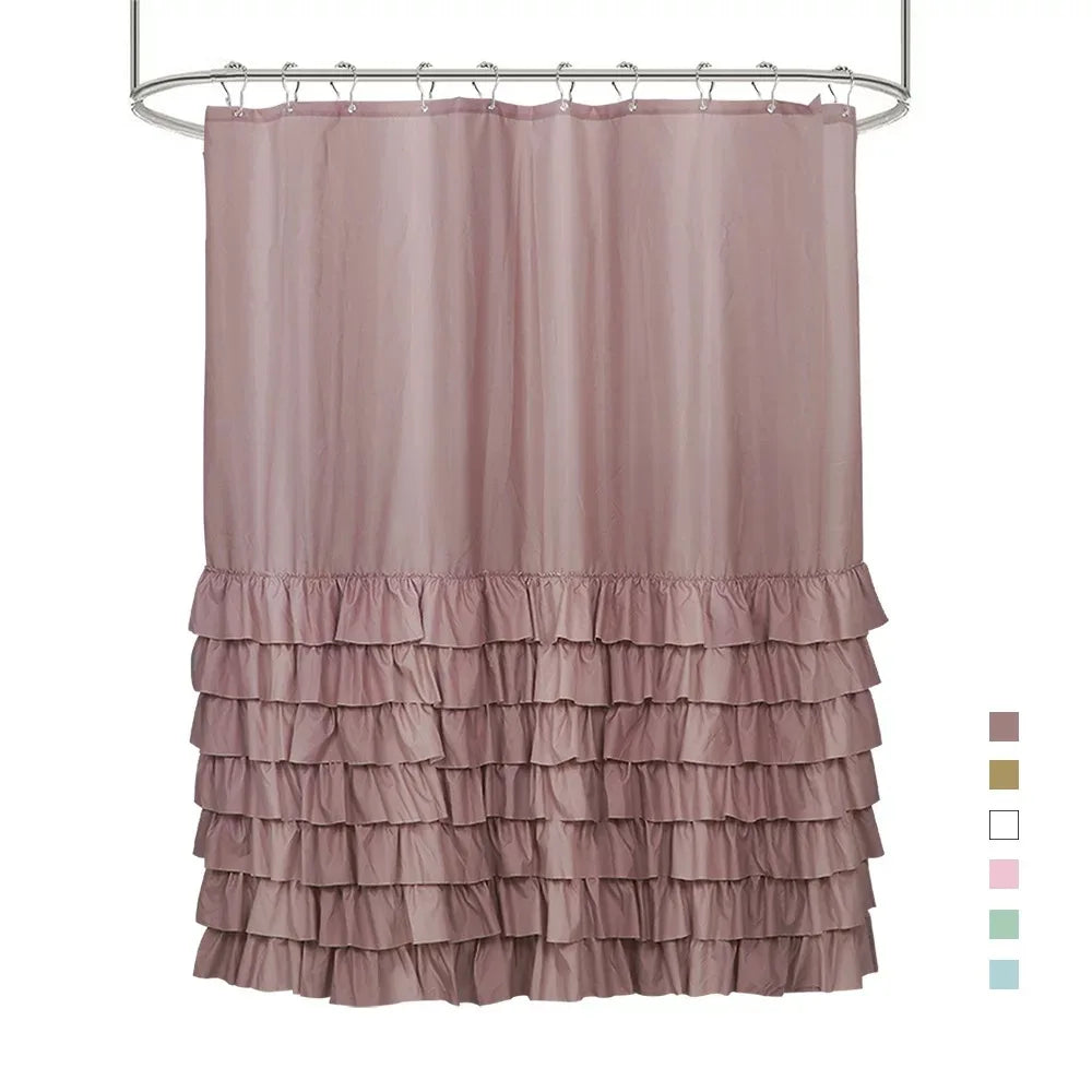 rideau douche blanc volants gris rose classique opacité anneaux métalliques respectueux environnement moderne
