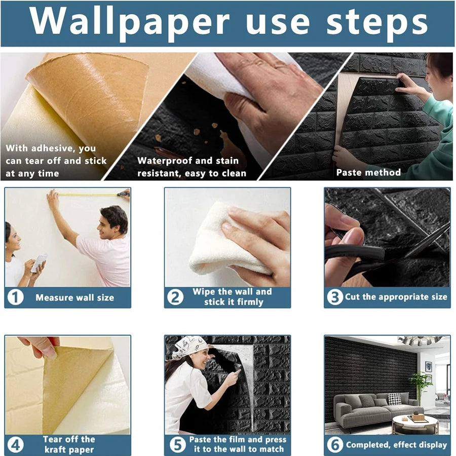 papier peint moderne adhésif brique noire décoration mur intérieur salle bain 10 pièces 20