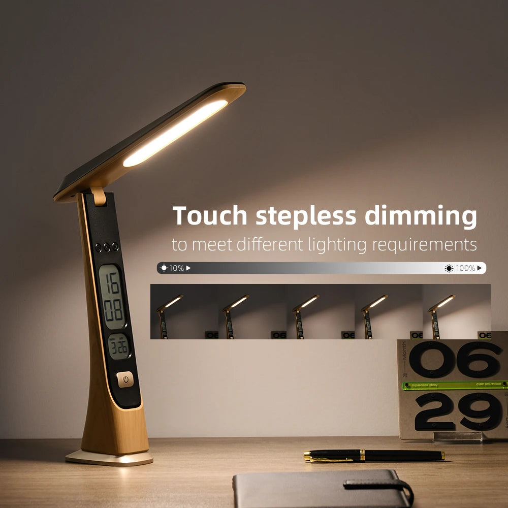 lampe table rechargeable or noir grain bois élégante affichage numérique tactile pliable contemporaine economie