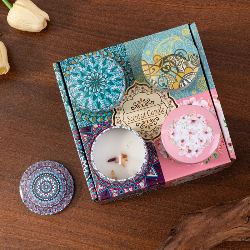 bougies parfumées soja sans fumée boho chic mandala fleurs rouge bleu rose violet