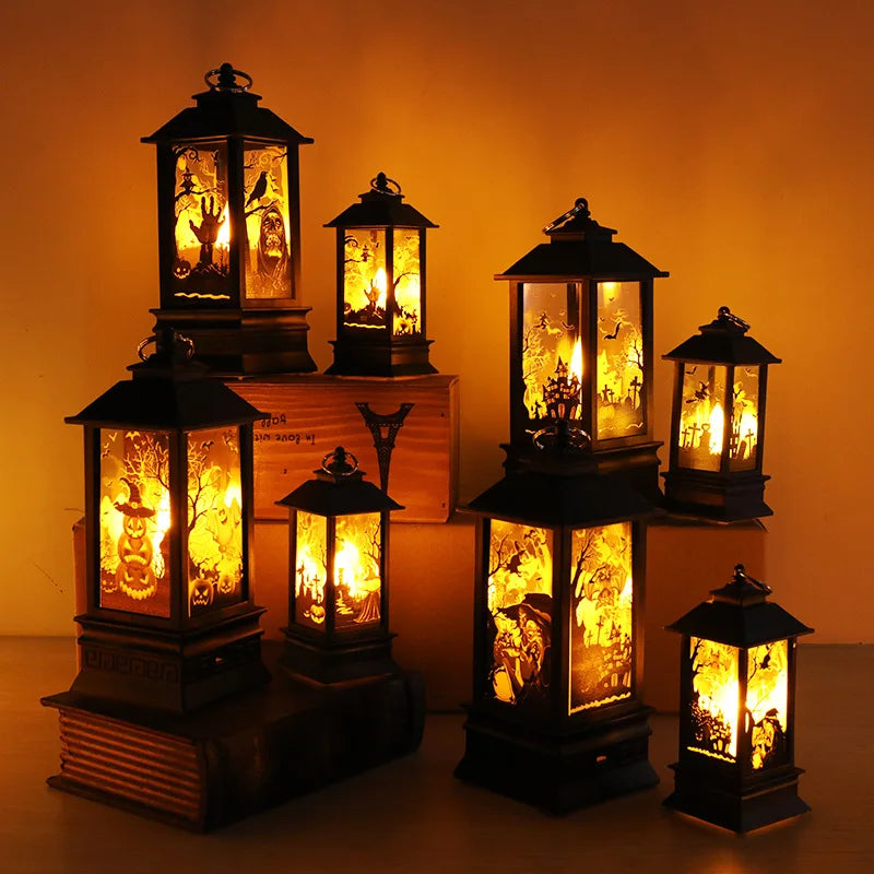 Lanterne décorative halloween noir citrouille fantôme chauve souris verre translucide vintage anneau métallique