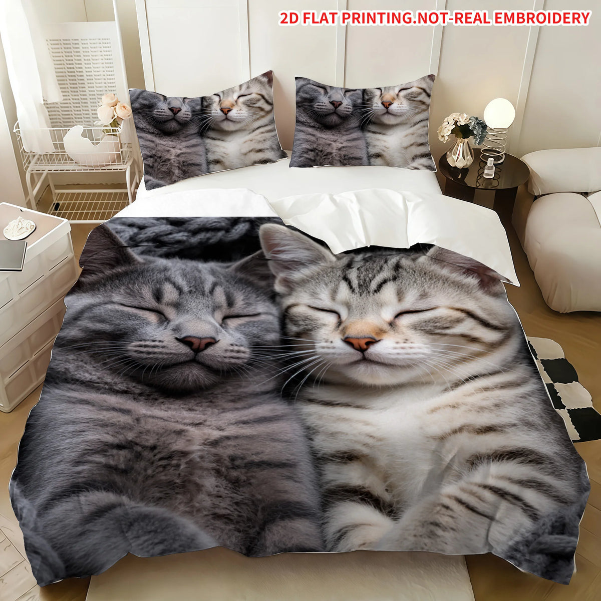 housse couette motif chats endormis gris blanc moderne machine lavable
