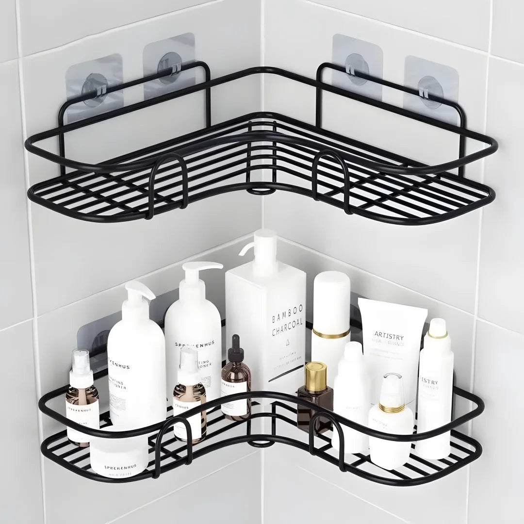 étagère angle salle bains adhésive poids 20kg noir grille métallique moderne organisateur accessoires douche