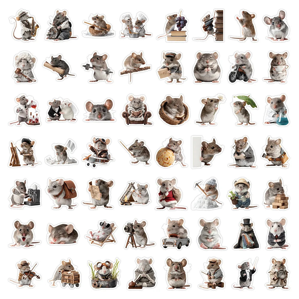 autocollants souris poses vêtements objets divers illustration adhésif gris beige blanc marron vert bleu