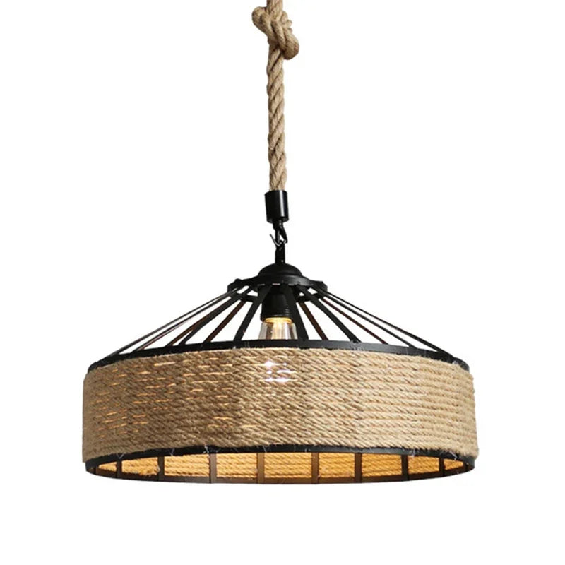 lampe suspendue industrielle vintage corde naturelle métal noir 30cm 40cm 50cm