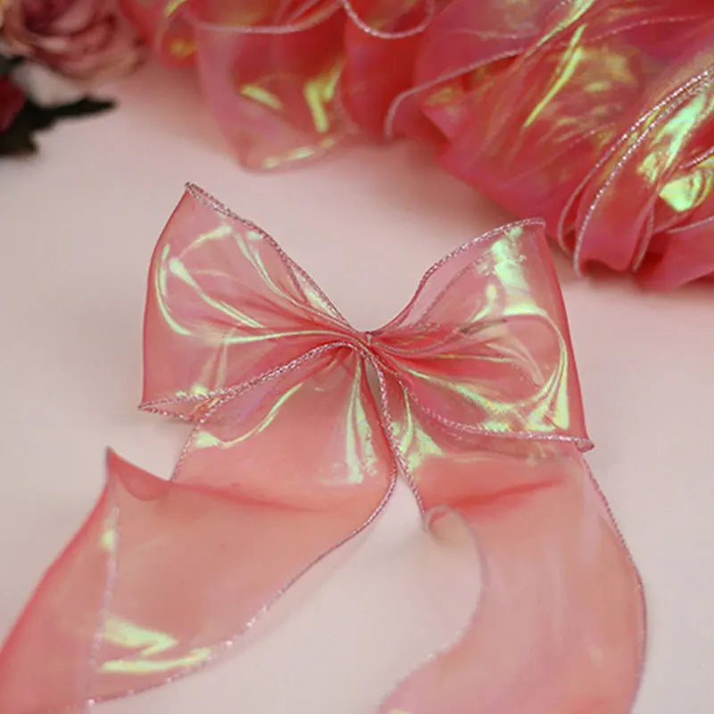 ruban organza polyester nylon 10m transparent vert rose rayures brillant semi transparent moderne élégant