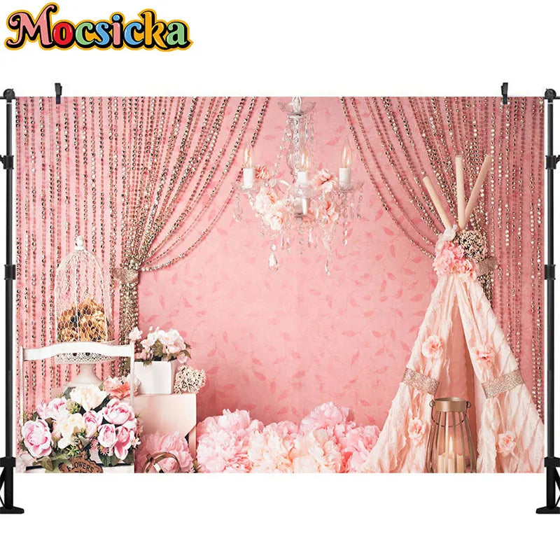fond photo rose fleurs paillettes décor baby shower 220cm 150cm clips noirs romantique
