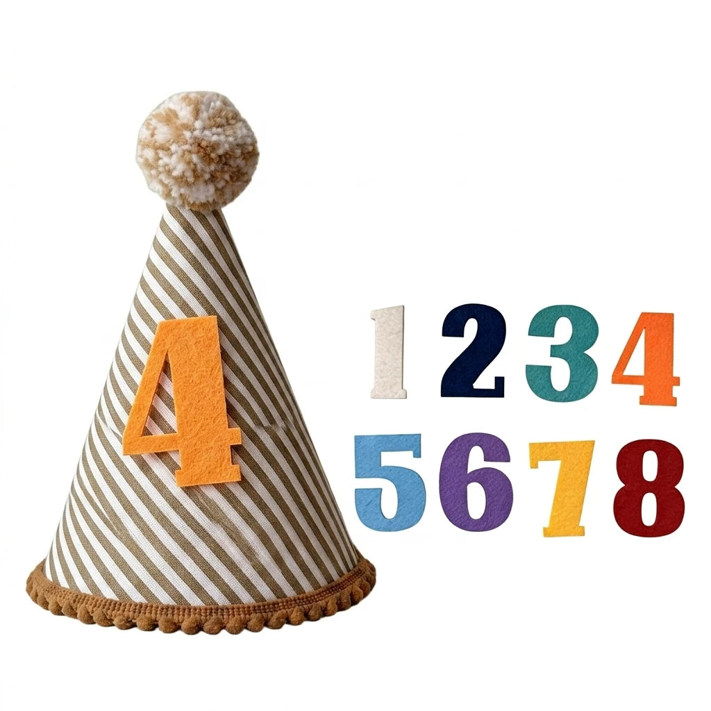 chapeau anniversaire enfant rayures pompon chiffres decoratif festif adhésif blanc marron bleu orange