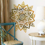 sticker mural mandala complexe doré beige ethnique boho chic adhésif salon chambre décoration murale
