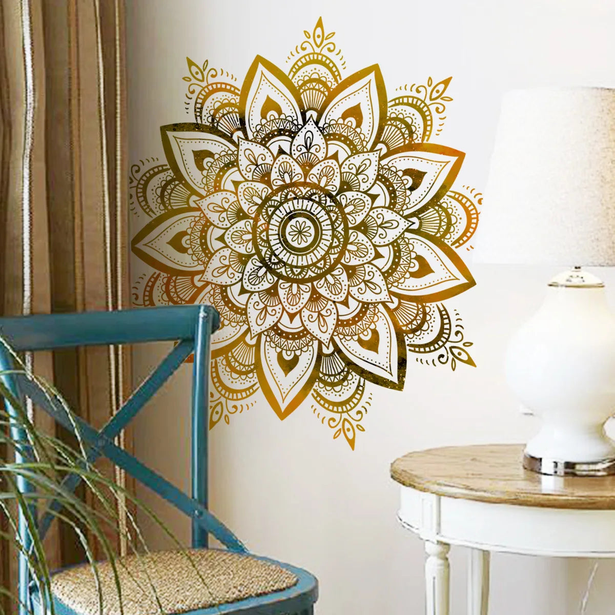 sticker mural mandala complexe doré beige ethnique boho chic adhésif salon chambre décoration murale