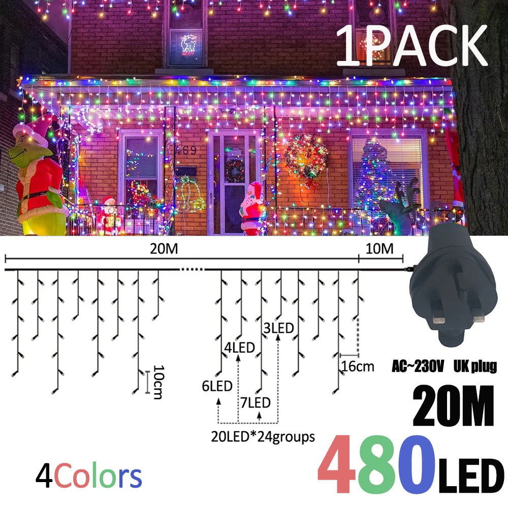 guirlande lumineuse led 20m 480 diodes blanc multicolore motifs gouttes ip44 waterproof modes clips