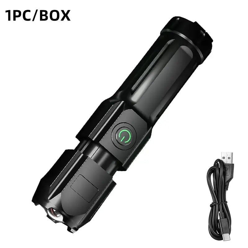 lampe torche télescopique noire moderne chargeur usb portable zoom éclairage camping