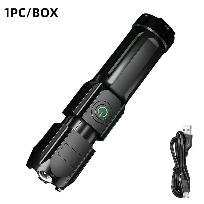lampe torche télescopique noire moderne chargeur usb portable zoom éclairage camping