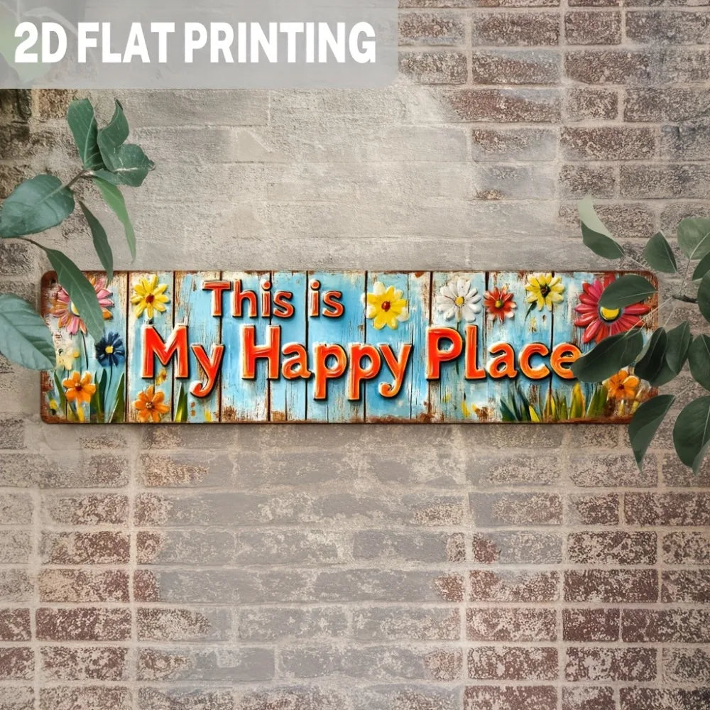 plaque décorative vintage rustique fleurs colorées texte happy place suspendue intérieur extérieur métal bleu