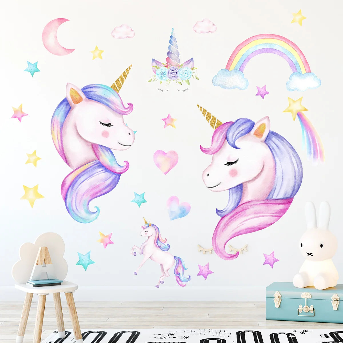sticker mural licorne arc ciel enfant aquarelle chambre décoration nuages étoiles lunes fleurs fantaisie