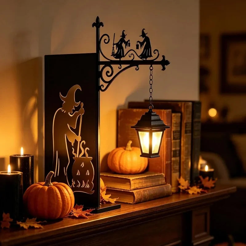 lampe rétro sorcières automnale citrouilles livres éditions binbir gece masallari textures métal étagère décoration