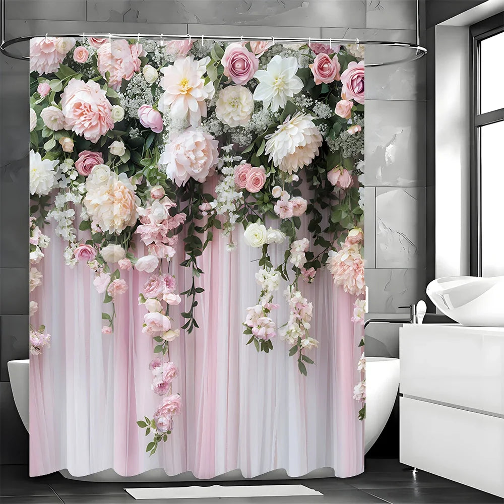 rideau douche floral romantique rose blanc vert plissé opacité variable moderne