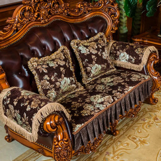 housses canapé marron beige bleu crème motifs floraux franges deux coussins assortis