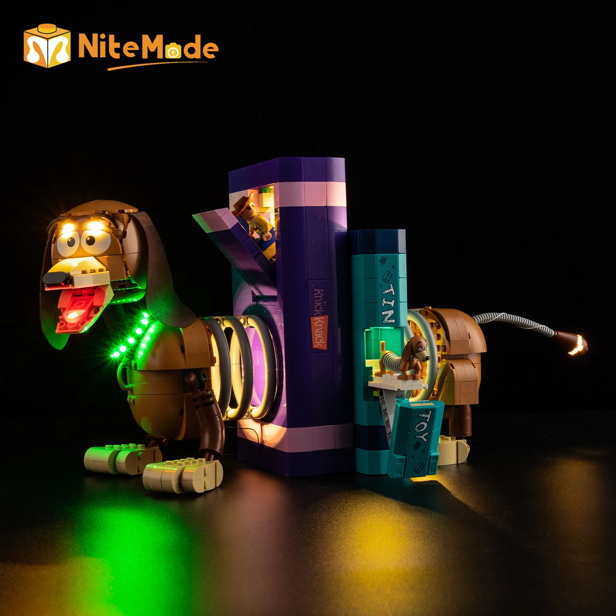 éclairage led figurine chien lego marron vert bleu brillant adhésif moderne technologie rangement miniature
