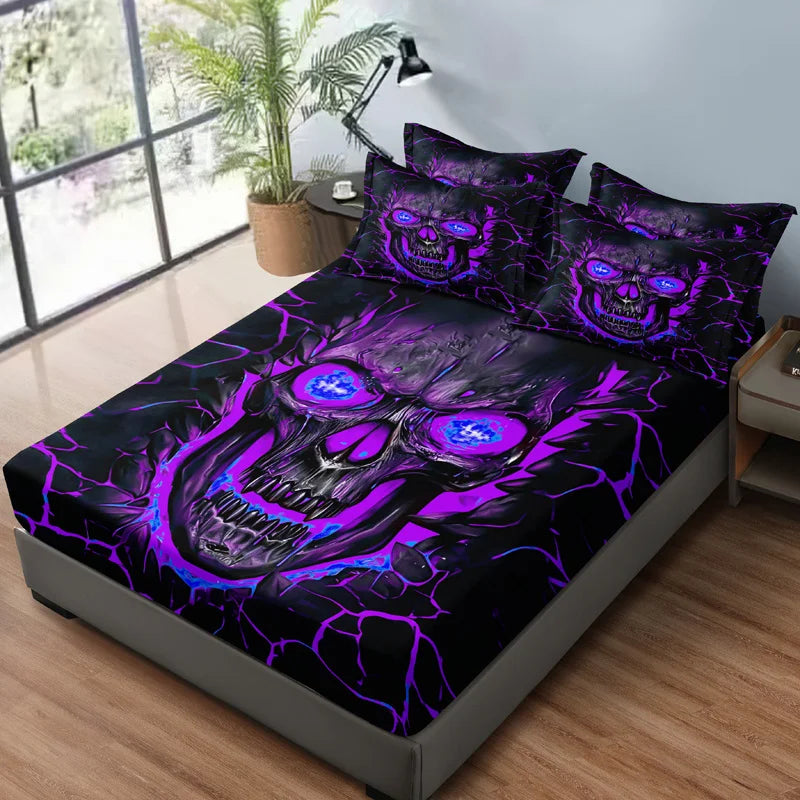 housse lit motif crâne violet coton moderne drap taies oreillers noir bleu graphique