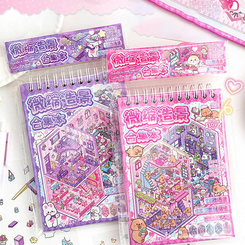 livre autocollants illustrations animaux scènes miniatures dessin animé violet rose mignon éducatif enfants adolescents