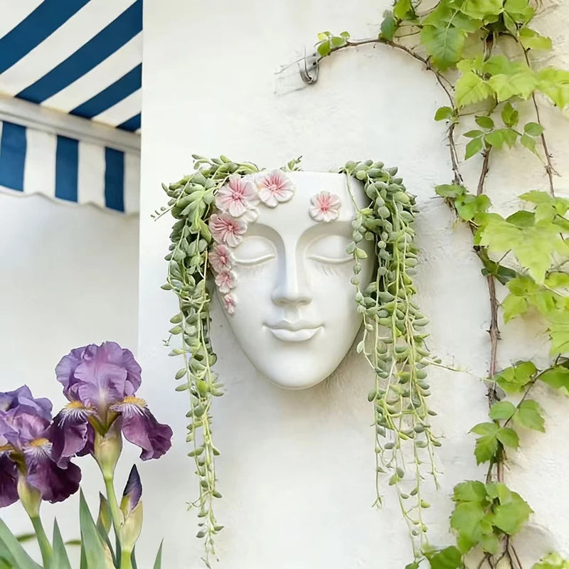 pots fleurs muraux visage féminin blanc gris fleurs décoratives artistique antique plantes grimpantesintérieur decoration