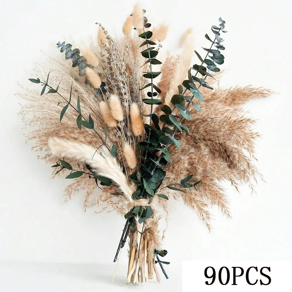 Bouquet fleurs séchées naturel marron beige violet blanc plumes pampas rustique maison table decoration