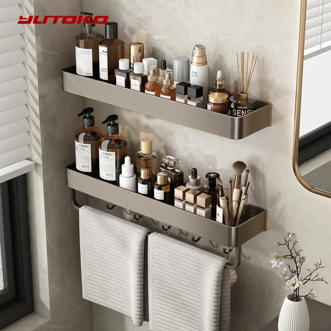 étagère murale salle bain aluminium gris mat moderne clips rangement produits