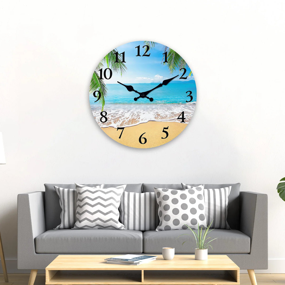 horloge murale bois paysage plage moderne aiguille quartz 24cm 29cm 34cm 39cm sóng ngắn