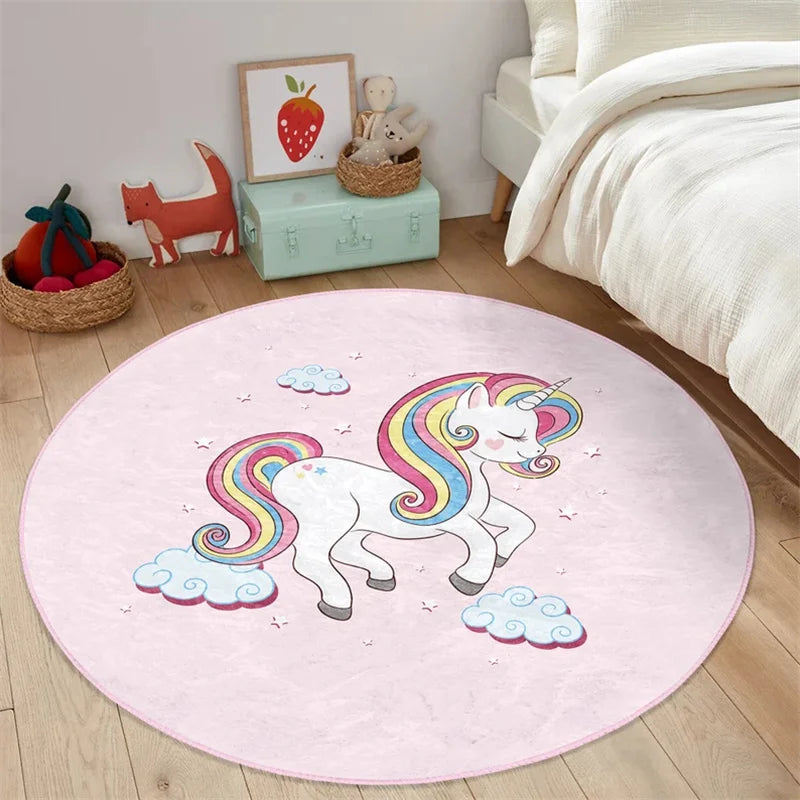 tapis rond licorne floral antidérapant polypropylène polyester doux enfant nuages étoiles rose chambre