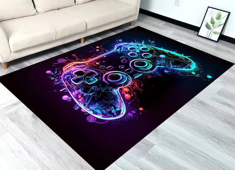 tapis moderne manette jeu colorée noir bleu violet rose jaune blanc