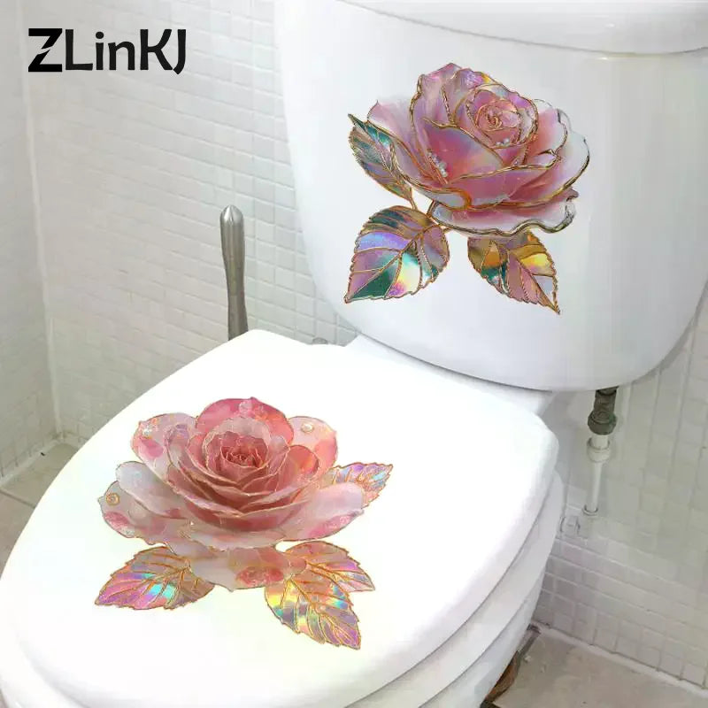 stickers decoratifs fleurs roses vertes violettes adhésifs salle bain decoration maison autoadhésifs blanc